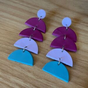 Handmade Geometric Dangle Earrings in Magenta, Lavender & Teal